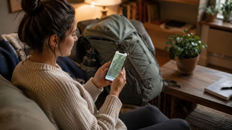 Young hiker downloading offline trail maps on smartphone at home before heading out on a hike with daypack nearby
