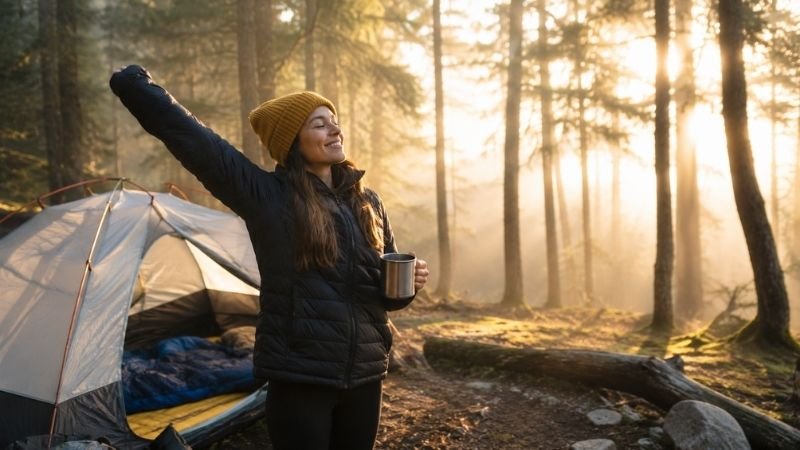 Young camper standing outside their tent on a misty forest morning holding a warm drink with a satisfied smile after a successful first camping trip