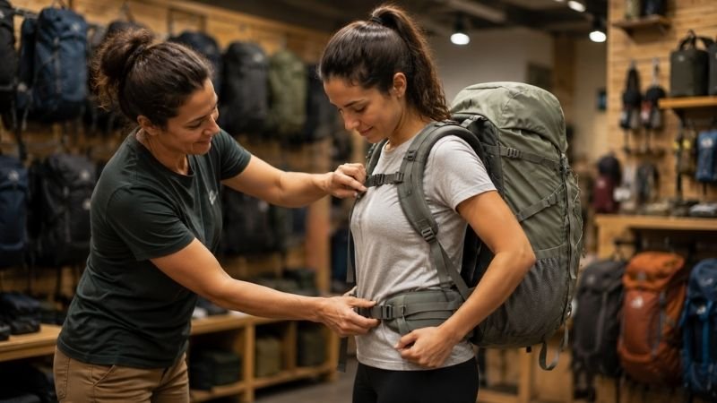 Gear store employee helping a beginner hiker adjust and fit test a hiking backpack for proper shoulder strap and hip belt positioning