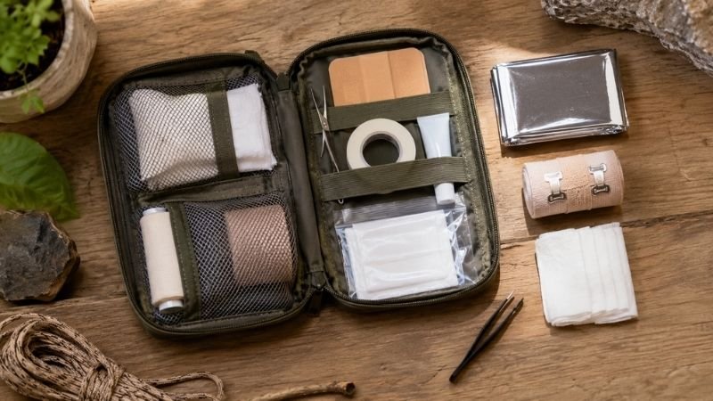 Overhead view of an open hiking first aid kit with contents laid out including bandages, gauze, medical tape, ointment, and tweezers