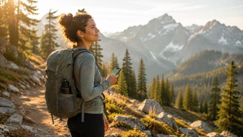 Confident hiker glancing at a trail navigation app on their phone while walking on a scenic mountain trail