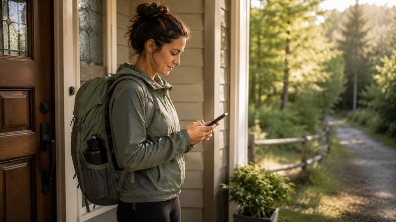 Young hiker texting someone their hiking plan and expected return time before leaving home as a safety precaution