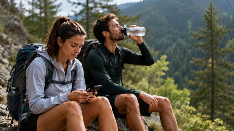 Two hikers on a mountain trail break with one checking offline map on phone and the other drinking water showing trail safety habits