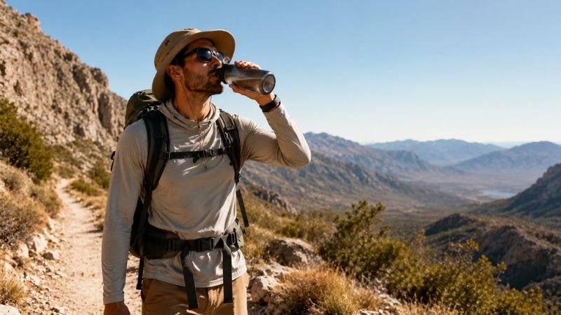 Hiker on a sunny exposed trail wearing sun protection gear and drinking water demonstrating hot weather outdoor safety