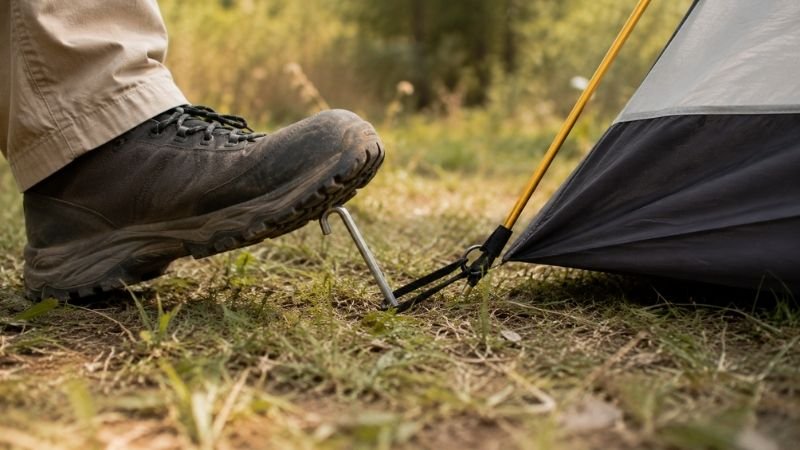 Close-up of a tent stake being pressed into the ground at a 45-degree angle showing the correct staking technique for beginners