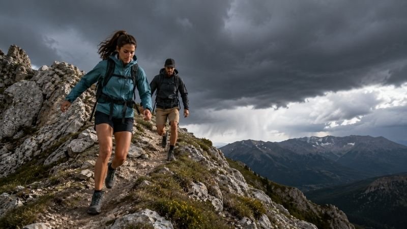 Two hikers quickly descending from an exposed mountain ridge as dark storm clouds gather showing proper lightning storm safety response