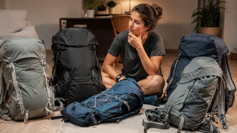 Young beginner surrounded by several hiking daypacks trying to choose the right lightweight backpack for day hiking