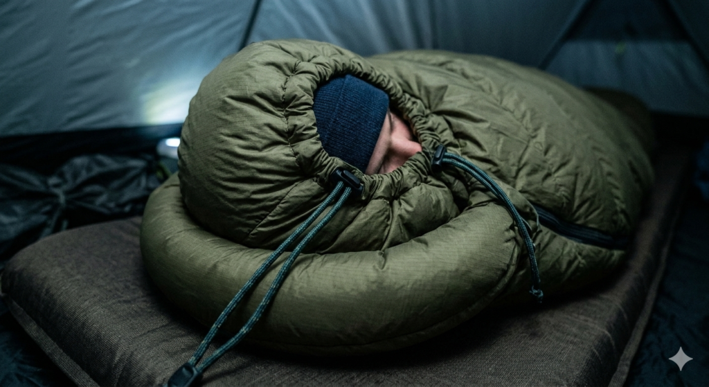 Close-up of a properly cinched mummy bag hood and draft collar to trap body heat.