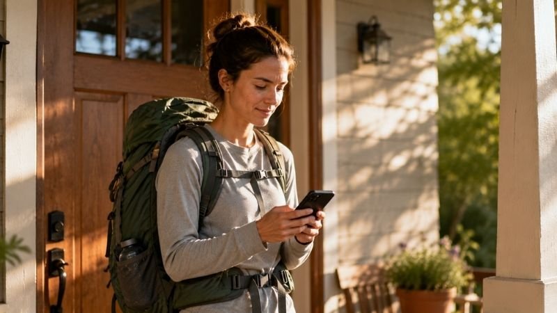 Young beginner hiker standing at their front door with a daypack sending a safety text to someone before heading outdoors