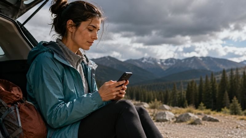 Young hiker checking weather forecast on smartphone with cloudy mountain sky in background before an outdoor adventure