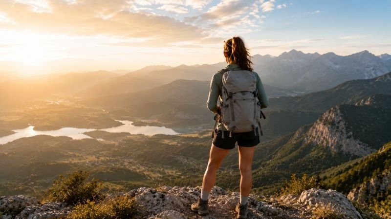 Prepared hiker standing confidently at a scenic mountain overlook looking out over a vast landscape ready for adventure