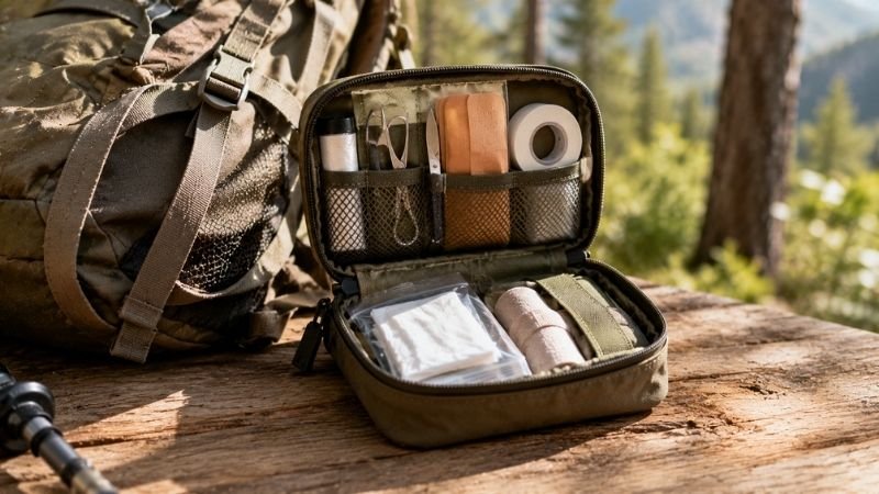 Compact pre-made hiking first aid kit with organized compartments placed next to a daypack showing what beginners should carry on trail