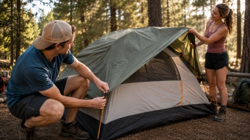 Two young campers working together to attach and tension a rainfly over a dome tent showing proper rainfly setup technique