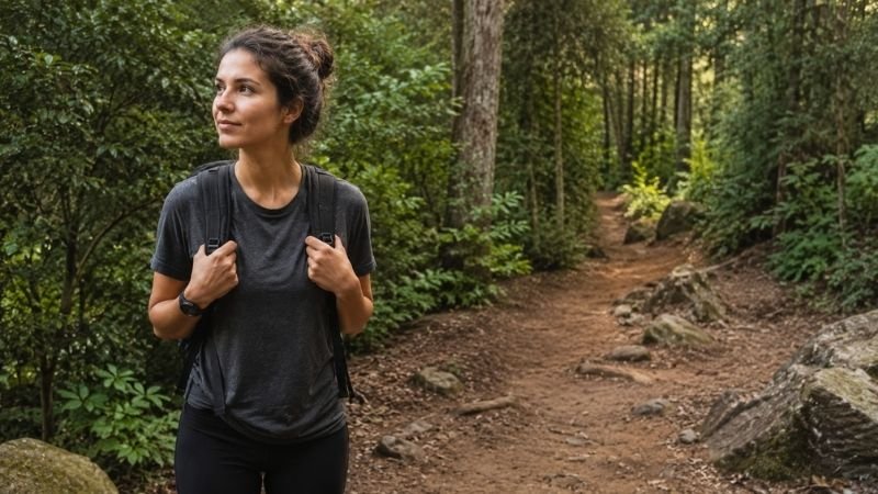 Young beginner hiker wearing a regular everyday backpack at a trailhead showing you don't need specialized gear to start hiking