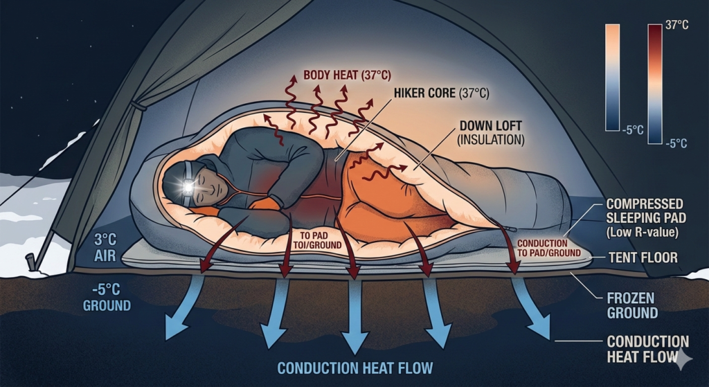 Cross-section showing heat loss through conduction in a sleeping bag without a proper pad.