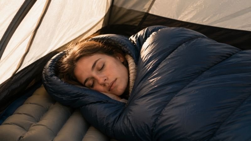 Young camper sleeping peacefully in a sleeping bag inside a tent showing the result of choosing the correct sleeping bag temperature rating