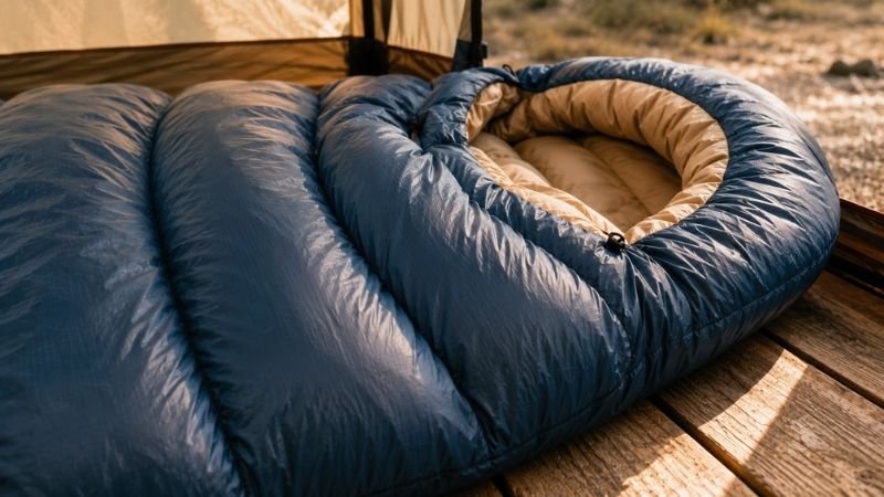 Fully lofted sleeping bag with expanded insulation showing proper loft for maximum temperature rating performance