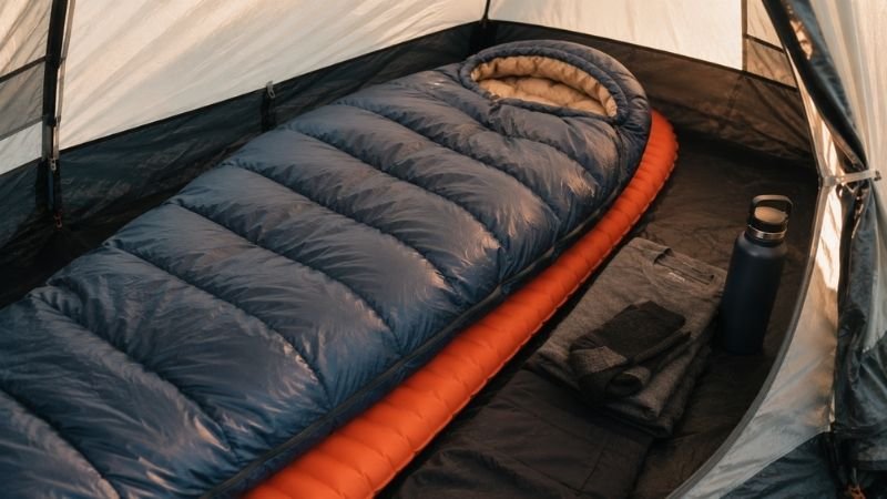 Complete camping sleep system inside a tent showing sleeping pad, sleeping bag, warm clothing and insulated water bottle showing all factors affecting sleeping bag temperature comfort