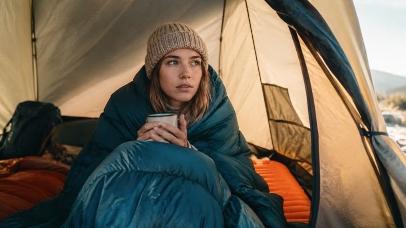 Young camper sitting in a tent wrapped in a sleeping bag with a warm mug showing the importance of choosing the right sleeping bag temperature rating