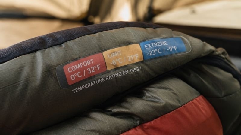 Close-up of a sleeping bag temperature rating label showing comfort and lower limit ratings to help beginners understand sleeping bag specifications