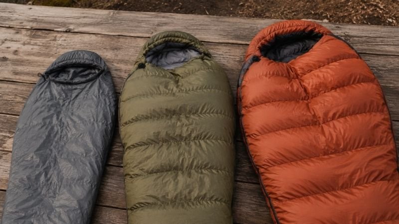 Three sleeping bags of different thicknesses side by side showing summer lightweight, three-season, and winter options for different temperature rating needs