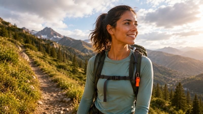 Young woman hiking alone on a mountain trail with a confident smile and whistle on her daypack showing solo outdoor safety preparedness