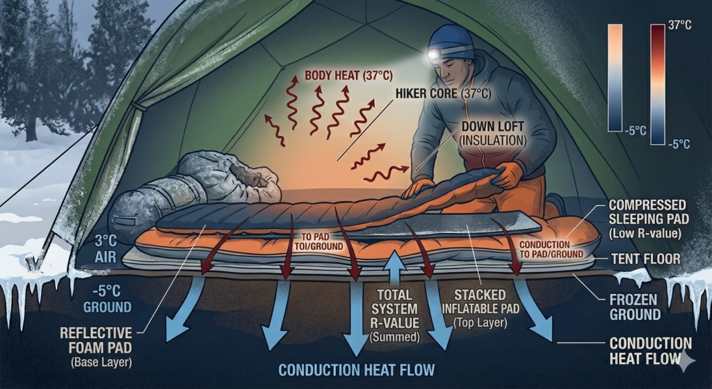 Hiker stacking a closed-cell foam pad under an inflatable pad to increase total R-value.