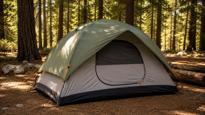 A fully set up dome tent with properly tensioned rainfly and staked corners standing at a forest campsite after successful beginner tent setup
