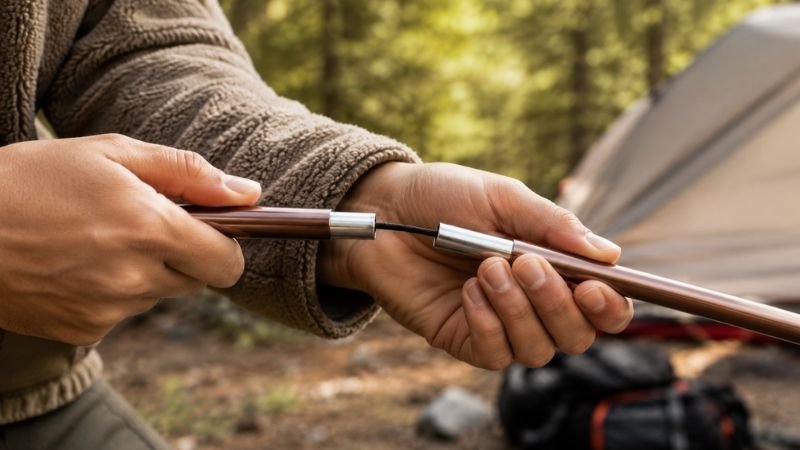 Close-up of hands carefully assembling tent poles section by section showing the proper technique for beginner tent setup