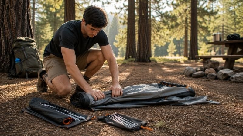 Young camper kneeling and carefully rolling up a tent to pack it with tent poles and stakes bags organized beside them at a campsite