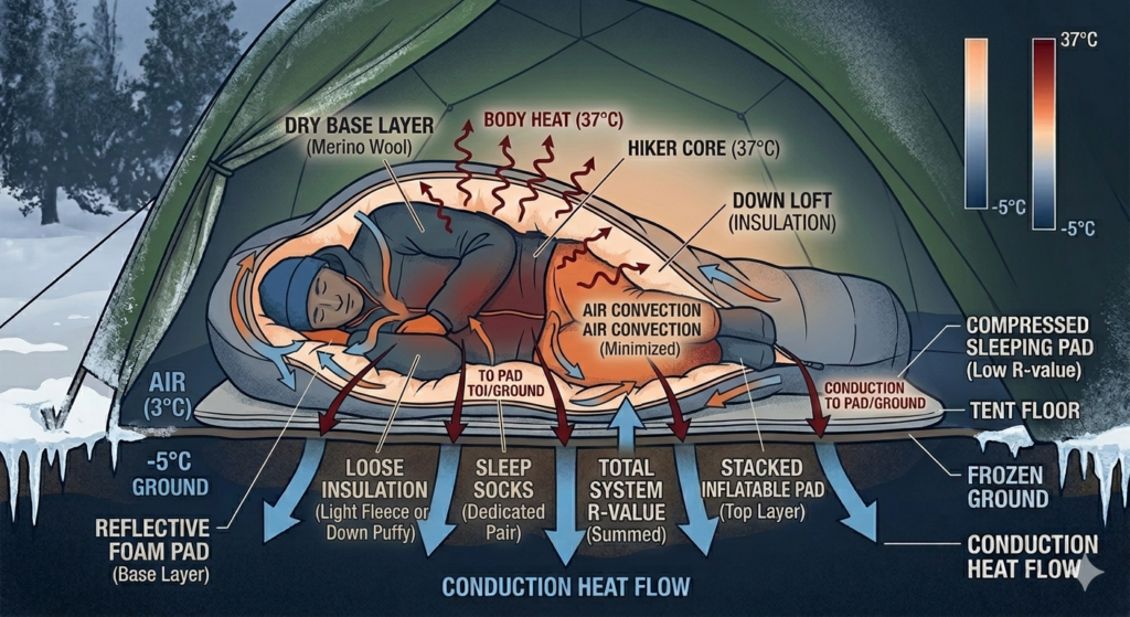Detailed diagram showing how to layer clothing properly (base, mid, and headwear) for sleeping in the cold.