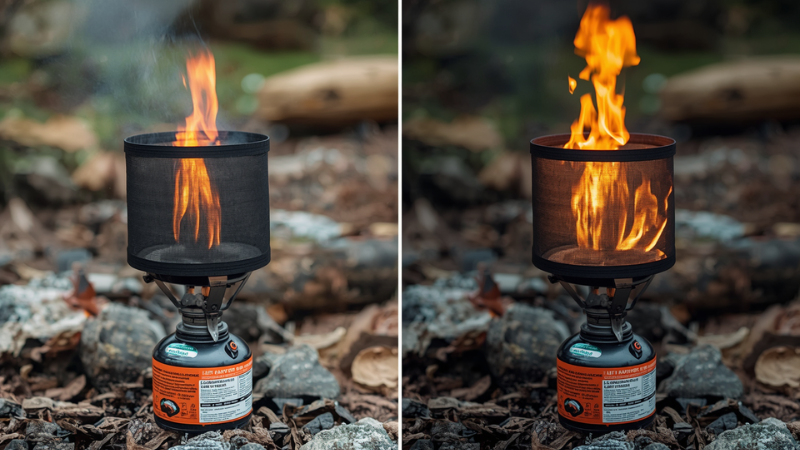 Comparing a camping stove with built-in windscreens to an unprotected burner to show flame stability.