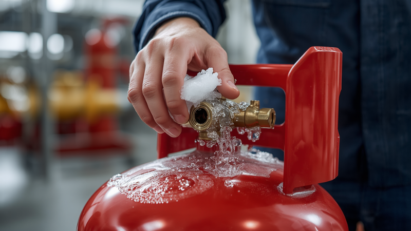 A camper using soapy water to check a camping stove fuel connection for leaks, demonstrating outdoor safety.
