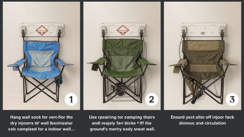Organized storage showing how to store camping chairs on wall hooks to prevent moisture damage.