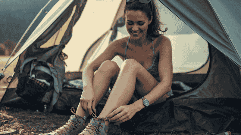 A female hiker sitting outside a lightweight trekking tent, swapping her dusty leather hiking boots for comfortable colorful camp slides with a mountain range background at sunset.