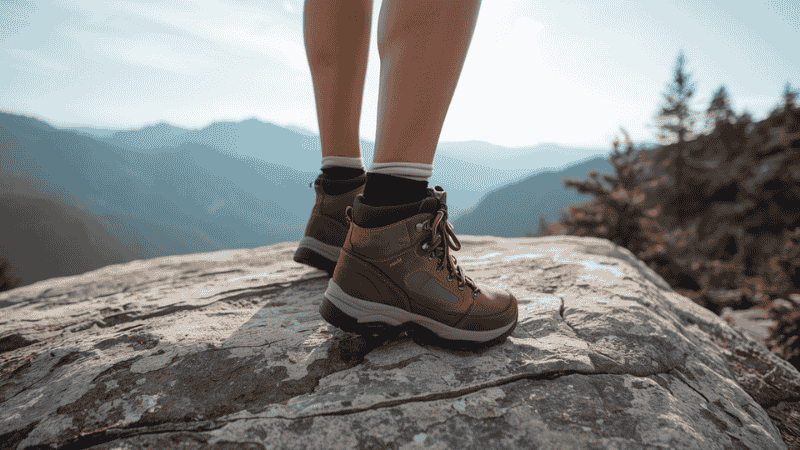 A female hiker wearing mid-cut hiking boots stands confidently on a granite slab, overlooking a vast mountain valley during a high-altitude trek.