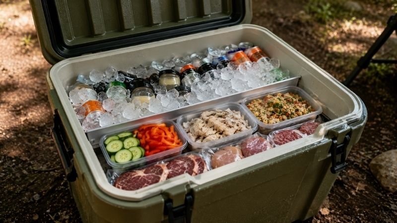 Organized camping cooler with food stored in layers showing proper camping food safety and cooler organization for beginners
