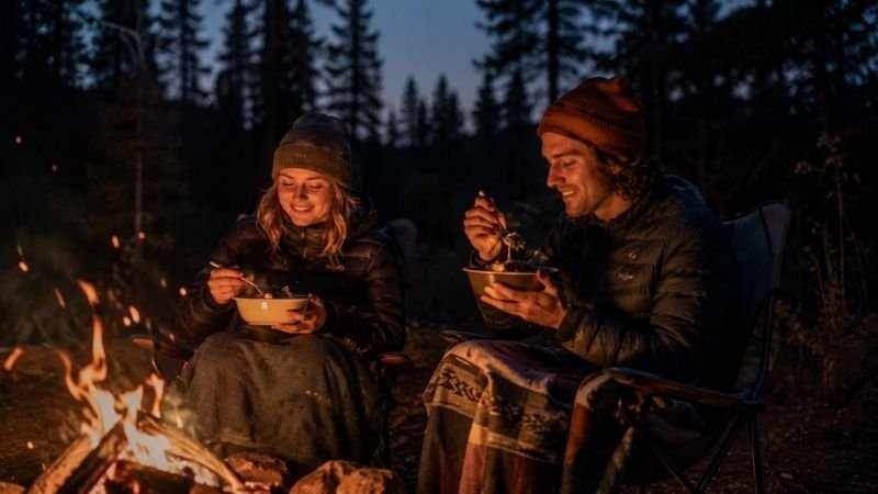 Two young campers sitting by a campfire at dusk enjoying hot camping meals from bowls with satisfied expressions showing the joy of easy camping food outdoors