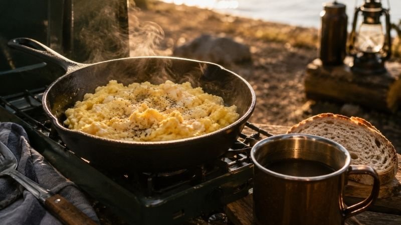 Scrambled eggs cooking in a pan on a portable camp stove outdoors with coffee mug showing easy camping breakfast for beginners