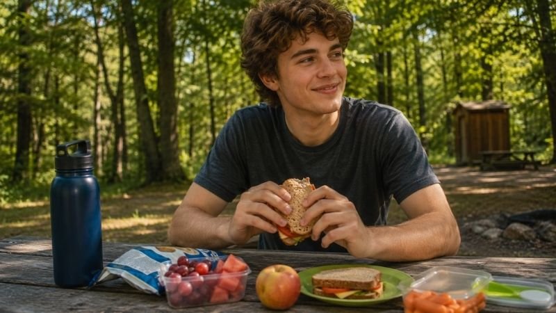 Young beginner camper enjoying a simple and appetizing camping lunch spread at a picnic table in a forest campground