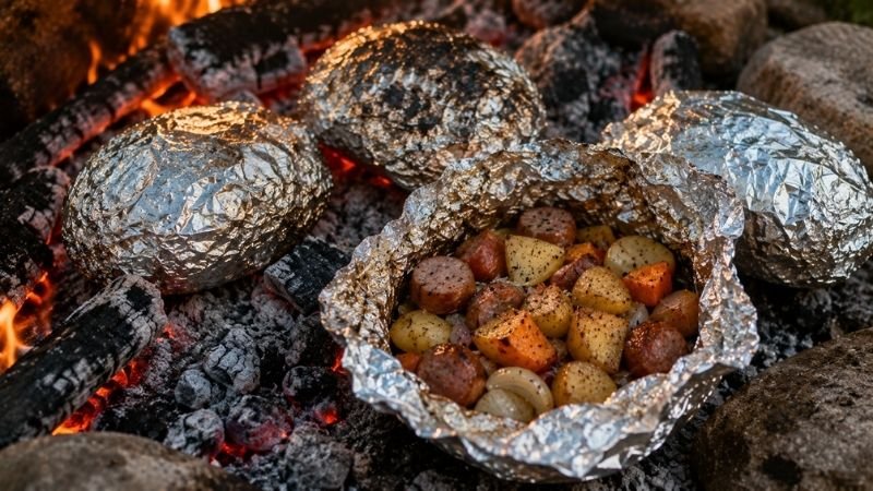 Foil packets on campfire coals with one opened to show roasted vegetables and sausage inside showing easy foil packet camping meals for beginners