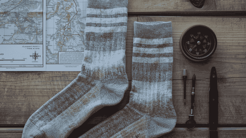 A pair of clean, dry crew-height hiking socks laid out on a wooden table next to a topographical map and a compass, ready for a backpacking trip.