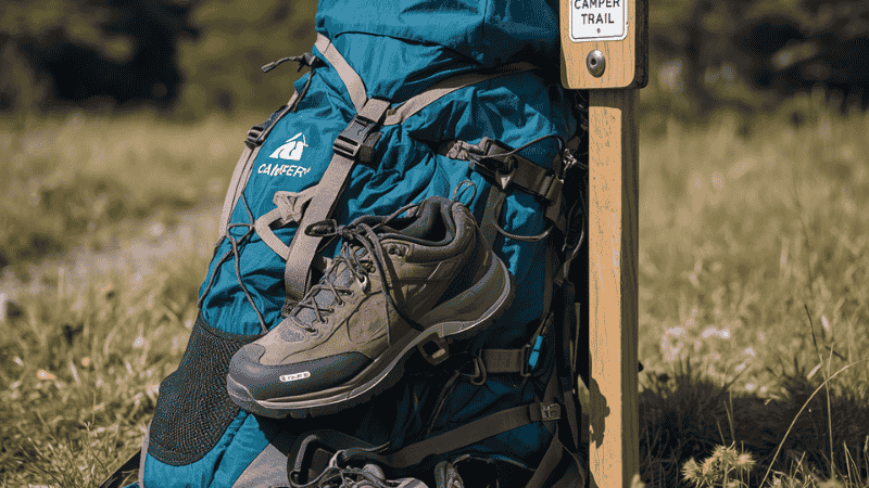 A pair of lightweight EVA camper shoes attached to the outside of a 50L multi-day trekking pack using a carabiner, leaning against a trail signpost.
