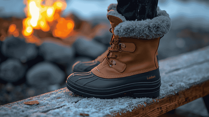 Close-up of insulated women's camping booties with rubber traction soles standing on a frost-covered wooden bench near a glowing campfire.