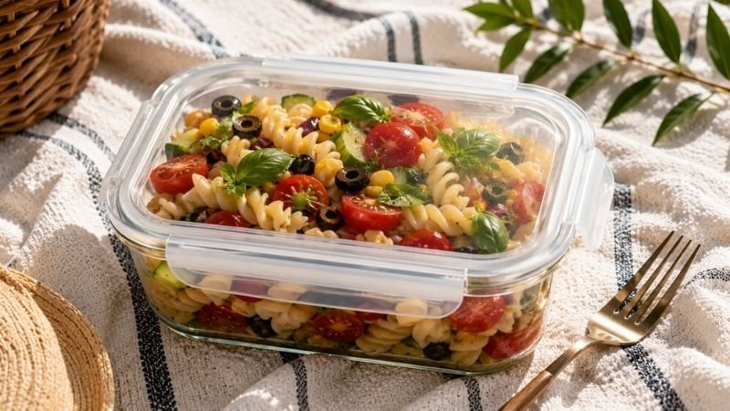 Colorful pasta salad in a sealed glass container on a picnic blanket showing the best make-ahead picnic food idea that tastes better after sitting