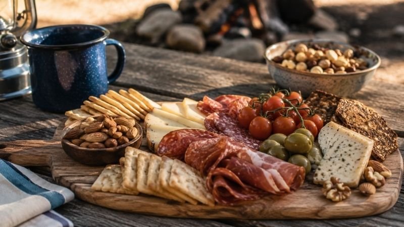 No-cook camping meal spread with crackers, cheese, cured meats, cherry tomatoes and nuts on a campsite table showing easy no-cook camping food ideas