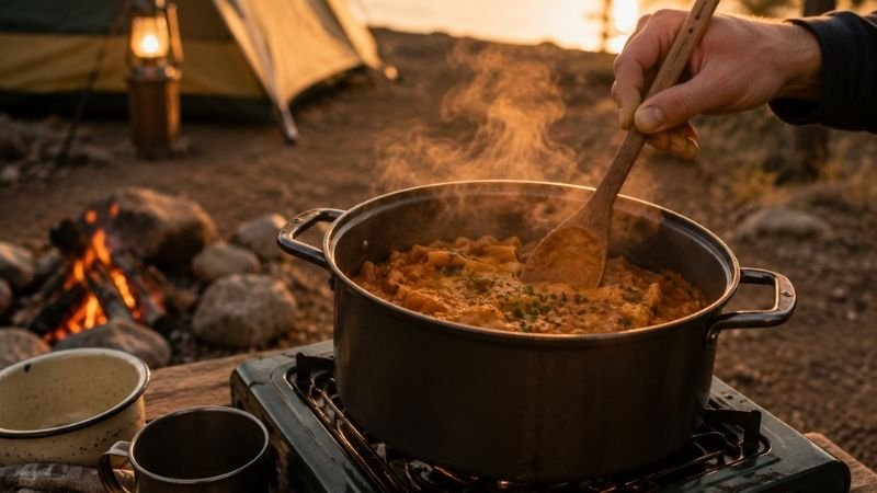 A pot of steaming pasta cooking on a portable camp stove at a campsite showing easy one pot camping meals for beginners