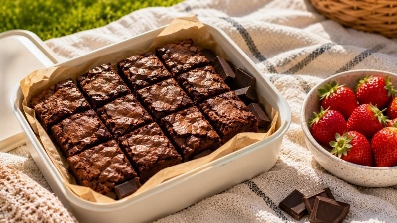 Brownie squares, dark chocolate and fresh strawberries on a picnic blanket showing easy picnic dessert ideas that travel well outdoors