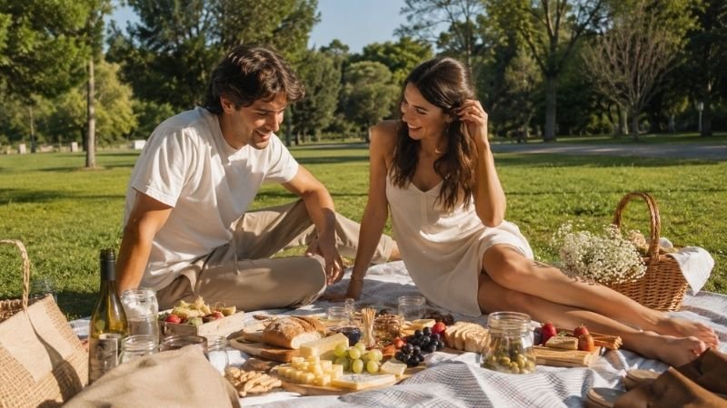 Two young adults sitting on a picnic blanket in a sunny park with a beautifully arranged picnic spread showing essential picnic items