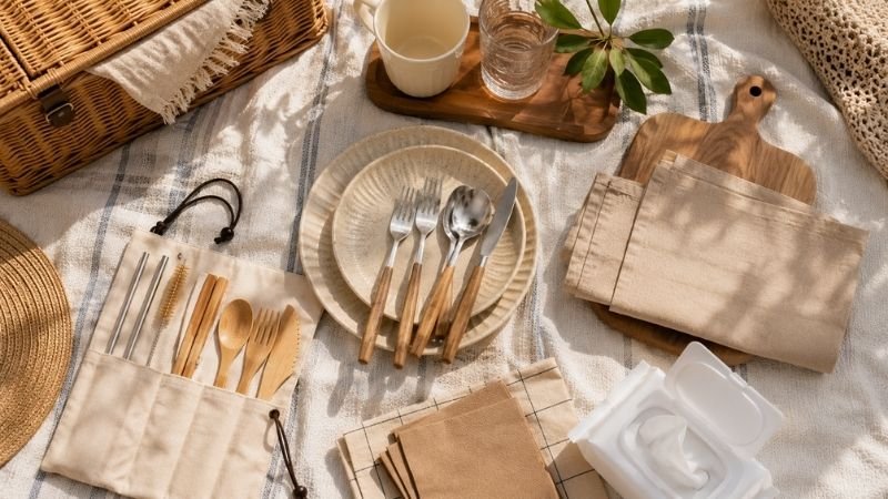 Flat lay of essential picnic utensils including reusable plates, cutlery, cutting board, napkins and wet wipes as part of a complete picnic essentials checklist
